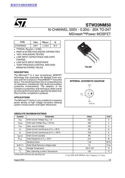 STMicroelectronics STW20NM50 N-Channel Power MOSFET Datasheet - cover page