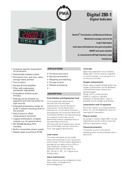 PMA Digital 280-1 Digital Indicator Product Leaflet - cover page
