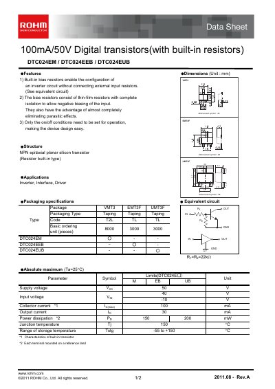 ROHM DTC024EM/DTC024EEB/DTC024EUB Digital Transistor Datasheet - cover page
