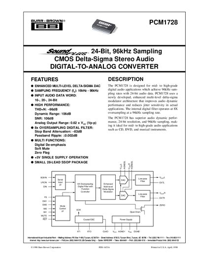 Burr-Brown PCM1728 CMOS Delta-Sigma Stereo Audio DAC Datasheet - cover page
