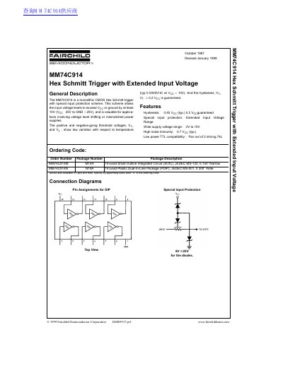 Fairchild MM74C914 Hex Schmitt Trigger with Extended Input Voltage Datasheet - cover page
