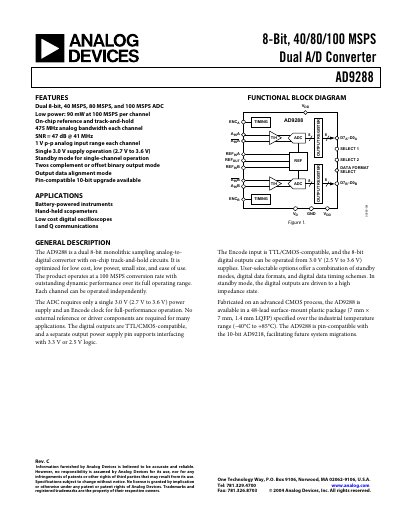 Analog Devices AD9288 Dual 8‑Bit ADC Datasheet