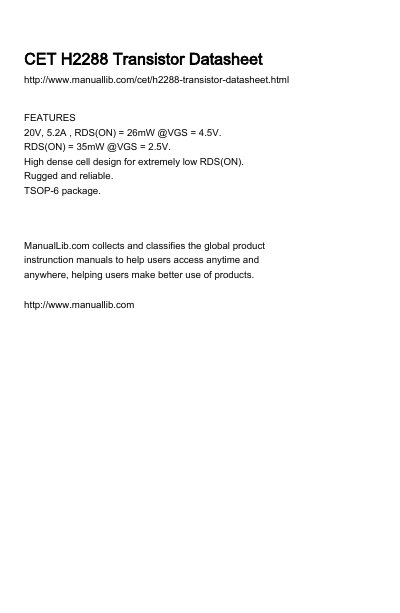 CET H2288 N-Channel Enhancement Mode Field Effect Transistor Datasheet - cover page