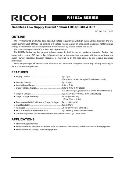 Ricoh R1182x Series LDO Regulator Datasheet - cover page