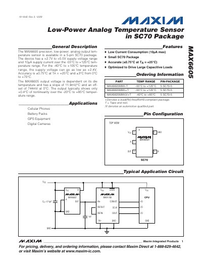 Maxim MAX6605 Low-Power Analog Temperature Sensor Datasheet - cover page