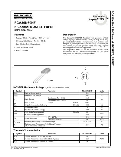 Fairchild Semiconductor FCA36N60NF N-Channel MOSFET Datasheet - cover page
