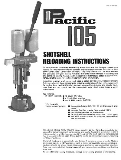 Pacific 105 Shotshell Reloader Operating Instructions - cover page