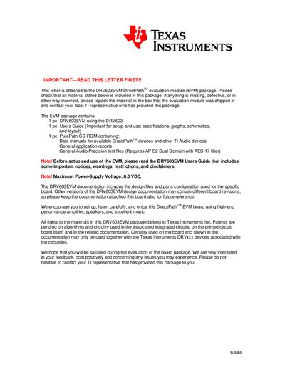 Texas Instruments DRV603EVM Evaluation Module Important Read This Letter First - cover page