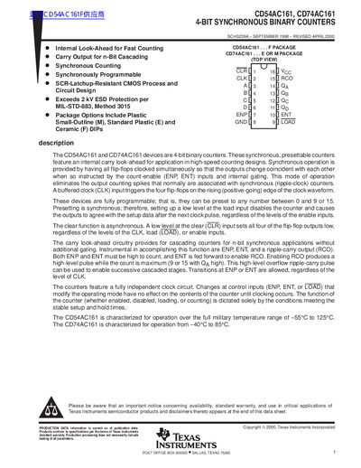 Texas Instruments CD54AC161/CD74AC161 4-Bit Synchronous Binary Counters Datasheet - cover page