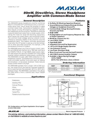 Maxim MAX4409 Stereo Headphone Amplifier Datasheet - cover page