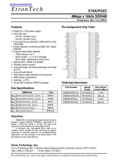 EtronTech EM639165 8Mega x 16bits SDRAM Preliminary (Rev 1.0 2/2001) - cover page