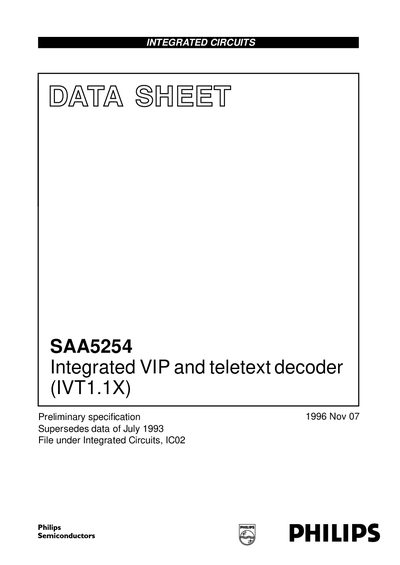 philips SAA5254 Integrated VIP teletext decoder (IVT1.1X) handbook - cover page