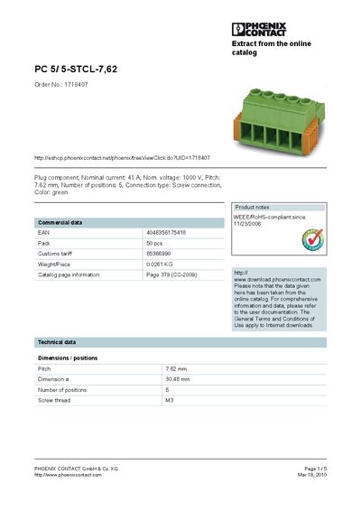 PHOENIX CONTACT PC 5/ 5-STCL-7 62 Order No.: 1718407 handbook - cover page