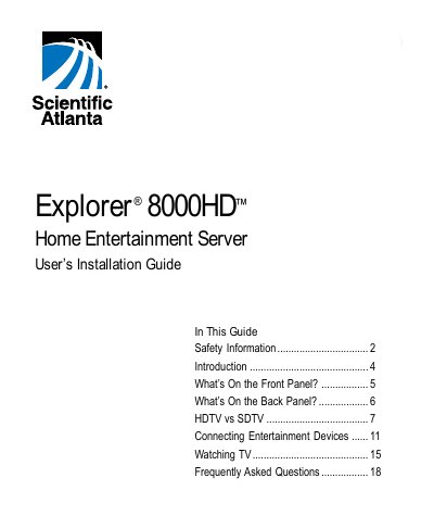 Scientific Atlanta Explorer 8000HD Home Entertainment Server User Installation Guide - cover page