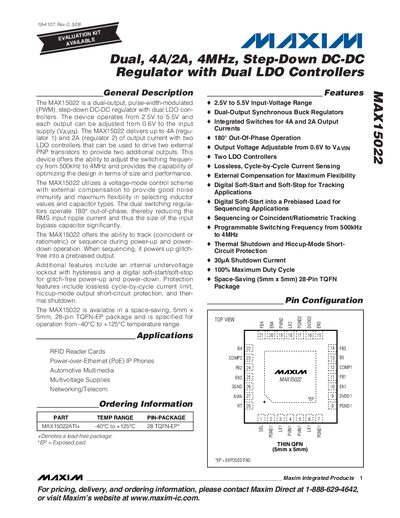 Maxim MAX15022 Dual 4A/2A 4MHz Step-Down DC-DC Regulator Datasheet - cover page