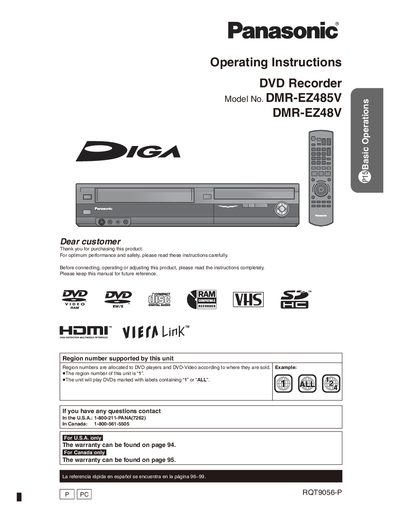 Panasonic DMR-EZ48V DVD Recorder Operating Instructions - cover page