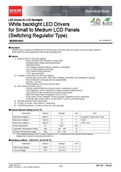 ROHM BD60910GU Technical Note - cover page