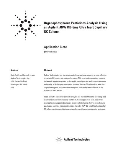 Agilent J&W DB-5ms Ultra Inert Capillary GC Column Application Note for Organophosphorus Pesticides Analysis - cover page