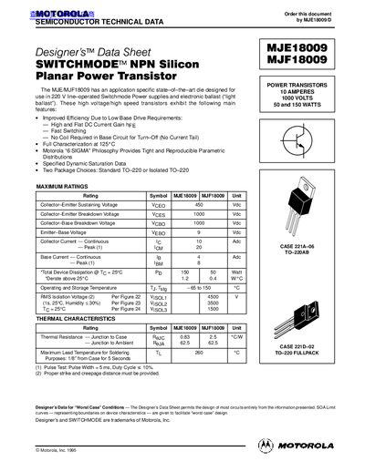 Motorola MJE18009/MJF18009 Switchmode NPN Silicon Planar Power Transistor Data Sheet - cover page