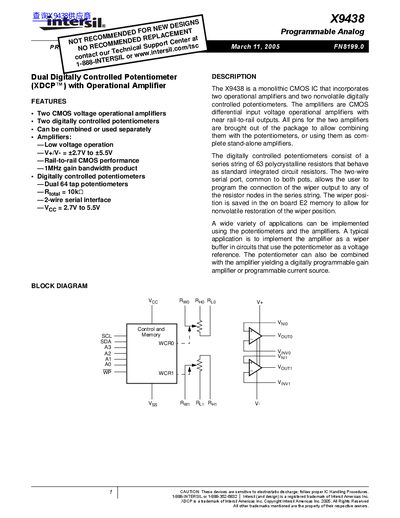 Intersil X9438 Dual Digitally Controlled Potentiometer Datasheet - cover page