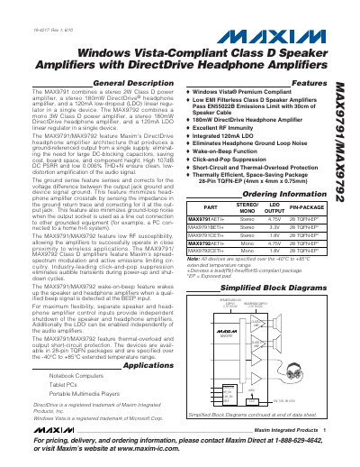 Maxim MAX9791/MAX9792 Class D Speaker Amplifier Datasheet - cover page