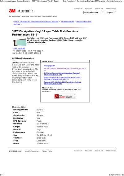 3M 8214 Dissipative Vinyl Table Mat Product Catalogue - cover page