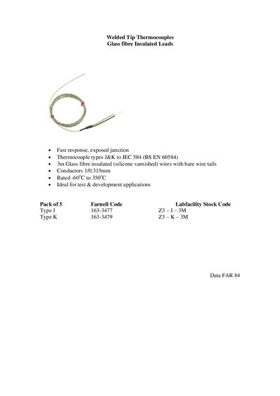 Welded Tip Thermocouples Glass Fibre Insulated Leads Product Leaflet - cover page