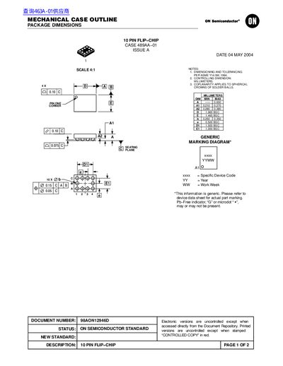 ON Semiconductor 489AA-01 10‑Pin Flip‑Chip Mechanical Case Outline - cover page