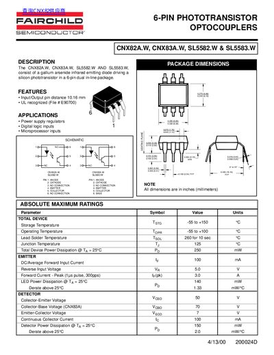 Fairchild CNX82A.W / CNX83A.W / SL5582.W / SL5583.W Optocoupler Datasheet - cover page