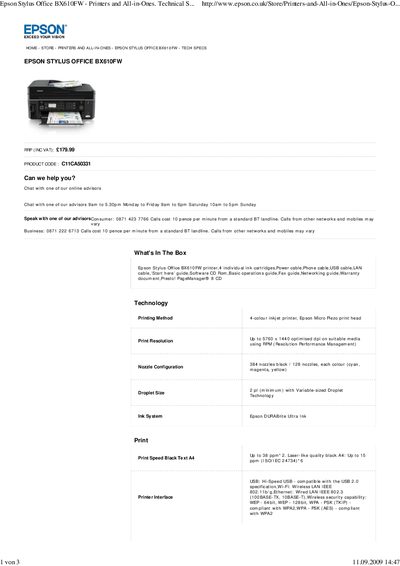 Epson Stylus Office BX610FW Product Specification Sheet - cover page