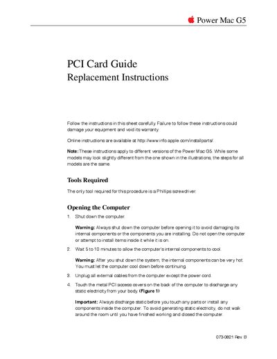 Apple Power Mac G5 PCI Card Guide Replacement Instructions - cover page