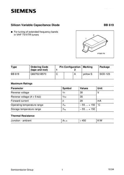 Siemens BB 619 Silicon Variable Capacitance Diode Datasheet - cover page