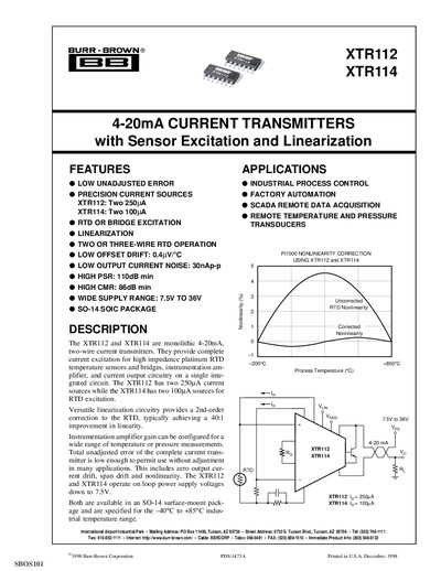 Burr‑Brown XTR112/XTR114 4‑20 mA Current Transmitter Linearization Handbook - cover page