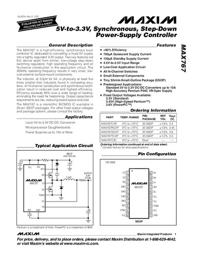Maxim MAX767 5V-to-3.3V Synchronous Step-Down Power Supply Controller Datasheet - cover page
