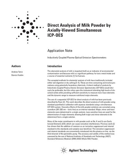 Agilent Vista Axial ICP-OES Milk Powder Analysis Application Note - cover page