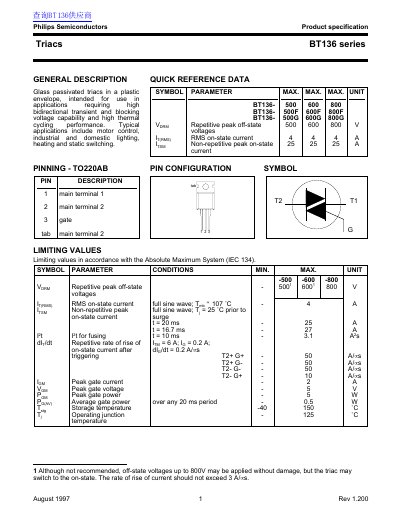 Philips BT136 Series Triac Product Specification - cover page