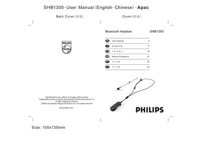 Philips SHB1300 Bluetooth Headset User Manual