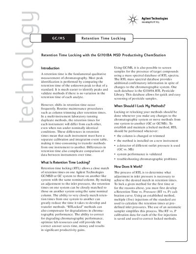Agilent G1701BA MSD Productivity ChemStation Retention Time Locking Guide - cover page