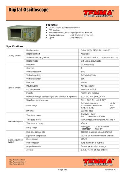 Tenma 72-7240 Digital Oscilloscope Datasheet - cover page