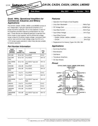 Intersil CA124/CA224/CA324/LM324/LM2902 Datasheet - cover page