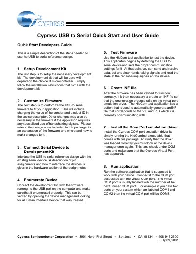 Cypress USB to Serial Quick Start Guide - cover page