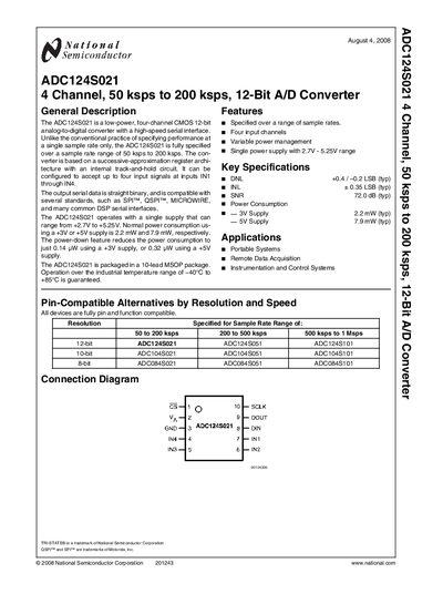 NATIONAL SEMICONDUCTOR - ADC124S021 4 Channel 50 ksps to 200 ksps 12-Bit A/D Converter handbook - cover page