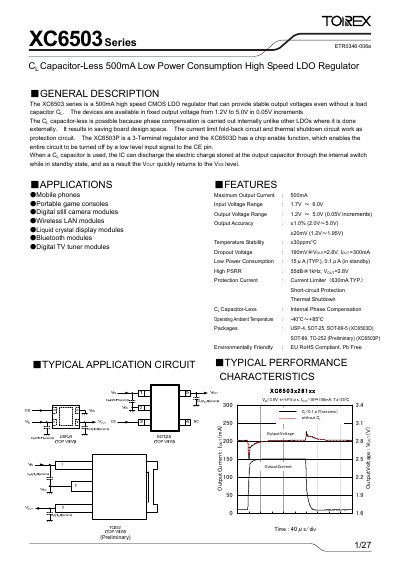 Torex XC6503 Series Capacitor-Less 500mA Low Power LDO Regulator Datasheet - cover page