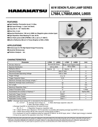 Hamamatsu Photonics L7684/L7685/L6604/L6605 60 W Xenon Flash Lamp Datasheet - cover page