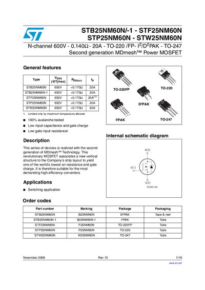 STMicroelectronics STB25NM60N / STF25NM60N / STP25NM60N / STW25NM60N Datasheet - cover page