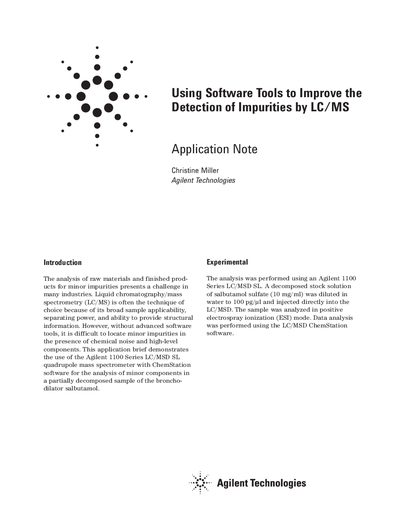Agilent 1100 Series LC/MSD SL Using Software Tools to Improve the Detection of Impurities by LC/MS Application Note - cover page