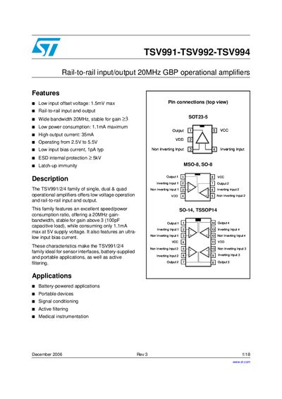 STMicroelectronics TSV991/TSV992/TSV994 Datasheet - cover page