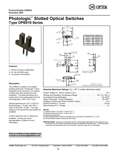 Optek OPB916 Series Product Bulletin - cover page