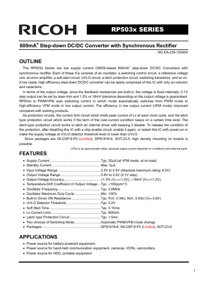 Ricoh RP503x Series Step-Down DC/DC Converter Datasheet