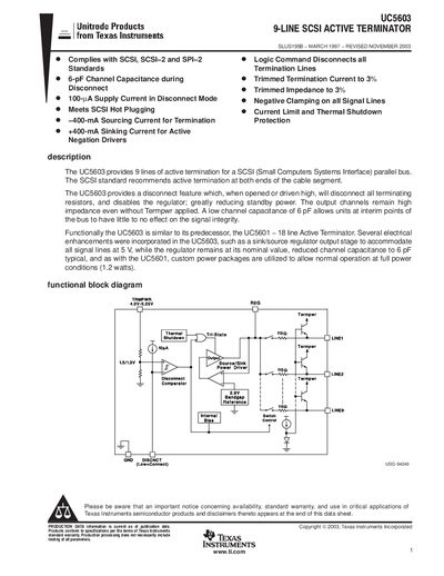 Texas Instruments UC5603 9-Line SCSI Active Terminator Datasheet